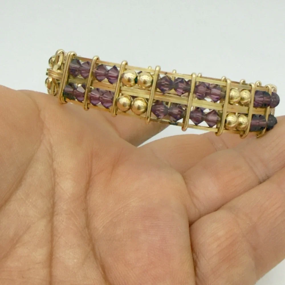 Vintage Rolled Gold Wire Wrapped Bracelet Purple Crystal Faux Pearl Beaded Read